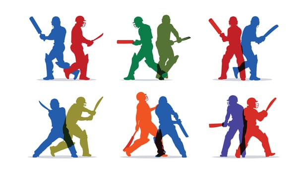 Dynamic Cricket Action Silhouettes Colorful Players Battling on the Pitch in Intense Gameplay - Professional digital artwork with vibrant colors and detailed composition vector