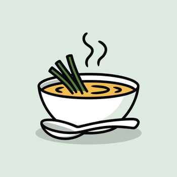 Hot Soup Bowl Green Onions Steam Spoon Illustration vector