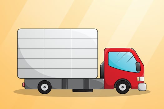Side view flat truck illustration. Red cartoon truck. Heavy vehicle driving. Lorry van with box cargo logistic transportation service. Commercial freight delivery industrial machinery vehicle. vector
