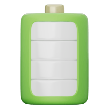 3D battery icon with white bars in a green frame and yellow top. Represents clean energy, full charge, and modern power. Perfect for apps and UI on a transparent background, 3d illustration. png