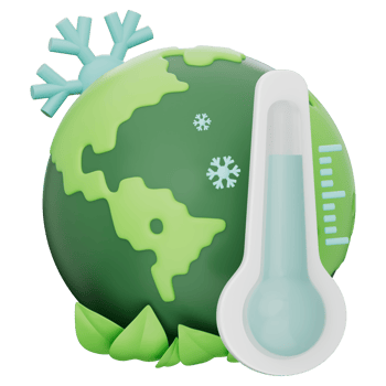 Blue thermometer with green Earth, cold freezing snowflake, symbolizing low temperature, environment, climate awareness, isolated on transparent background, 3d illustration png