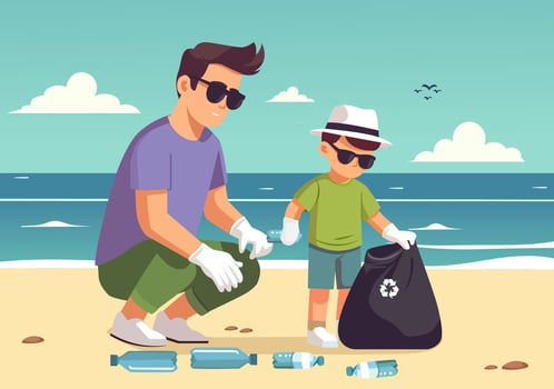 Father and son cleaning the beach vector