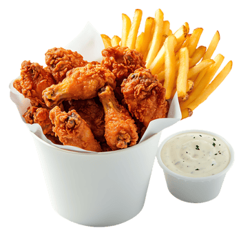 Crispy fried chicken wings french fries and dip isolated on a transparent background png