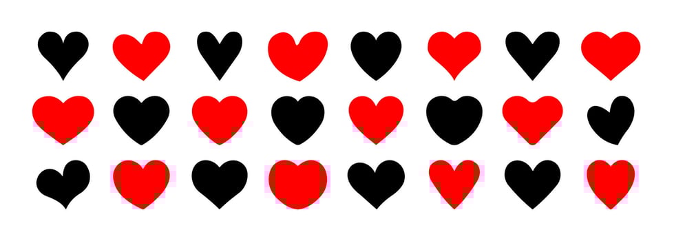 Heart icon set in red and black color, simple flat, doodle, and hand-drawn heart shapes in various styles. Heart icon different shapes, love sign, romantic symbol, illustration. vector