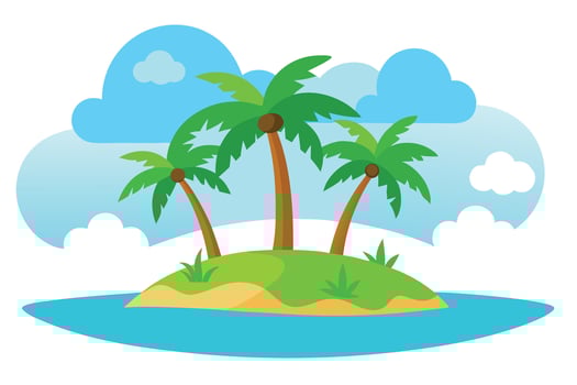 Cartoon Tropical Island with Palm Trees, Blue Water, and Clouds Illustration vector