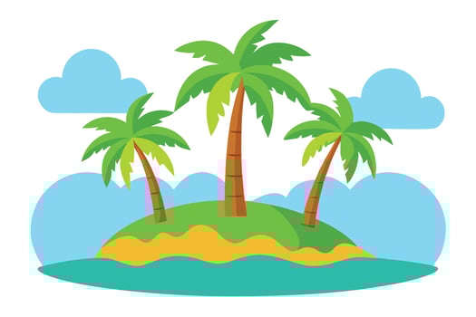 Cartoon Tropical Island with Palm Trees, Sandy Beach and Turquoise Water Illustration vector