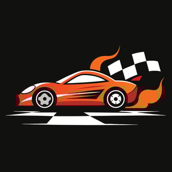 Orange Race Car with Flames and Checkered Flag on Black Background Illustration vector