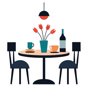 Stylish Dining Table with Wine, Flowers, and Coffee Cups Illustration vector