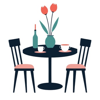 Stylized Dining Setup Round Table, Two Chairs, Tulips, Drinks, Flat vector