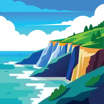 Vivid Coastal Cliffs Landscape Blue Sea, Green Grass, and Azure Sky Illustration vector