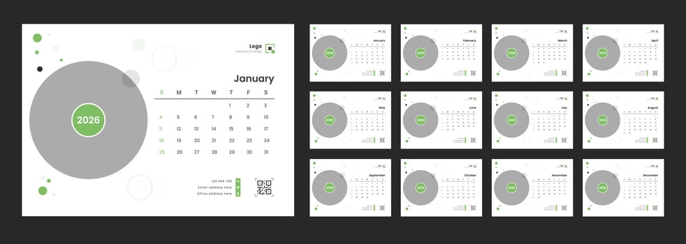 2026 Calendar Planner Set of Template Monthly Page. Desk calendar with week start Sunday for print. vector