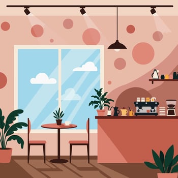 Cozy Modern Cafe with Window View and Stylish Decor vector