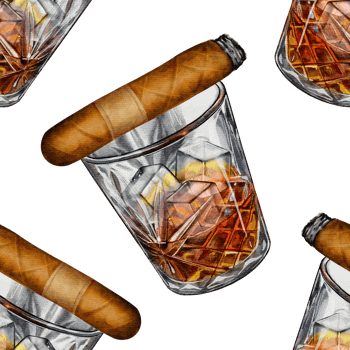 atercolor seamless pattern featuring a whiskey glass with ice and a cigar on a white background. Perfect for packaging, textiles, and men's accessories. png