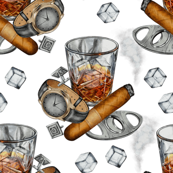 Realistic watercolor seamless pattern featuring a whiskey glass, cigar, wristwatch, ice cubes, tie clip, and cigar cutter. Perfect for textiles, packaging, and background design. png