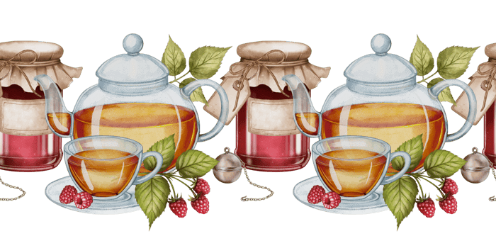Watercolor seamless border with teapot, teacup, raspberry jam jar, red berries, tea infuser and green leaves on white background. Ideal for packaging, menu design and tea shop branding. png