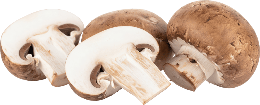 Three brown mushrooms one whole and two halves showing their white interiors and gills on a png