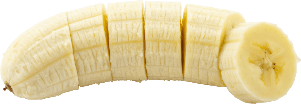 Peeled banana fruit expertly cut into multiple fresh vibrant yellow slices aligned horizontally png