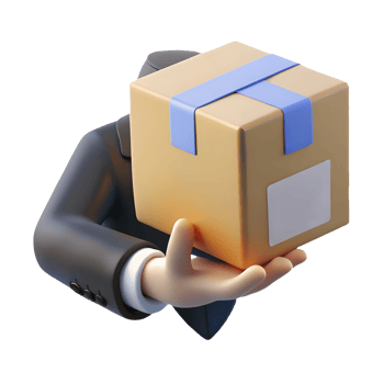 3D rendering of a hand in a suit holding a cardboard box with blue straps ready for delivery on a transparent background png