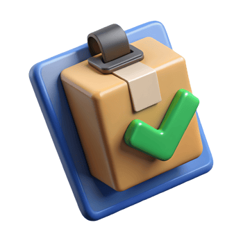 3D illustration of a cardboard box with a green checkmark on a blue clipboard symbolizing approved or verified package on a transparent background png