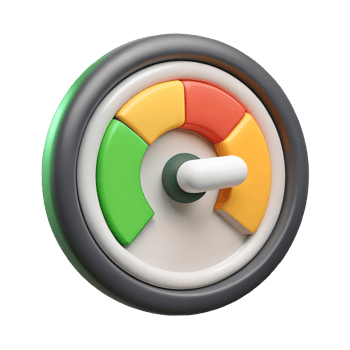 Colorful 3D gauge with green yellow and red sections pointing to yellow indicating a medium level on a transparent background png