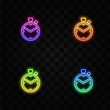 time limit concept icon. neon style.game timer idea thin line illustration. different types of watch. stopwatch, hourglass. time management. vector