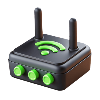 3D Black and Green Wi Fi Router with Antennas and Buttons on a transparent background png