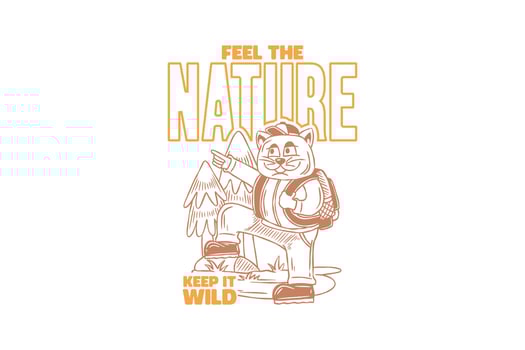 Feel the nature, Retro outdoor summer cat illustration for apparel. Cat adventure tee for print. Vintage camping cat shirt design for merchandise. vector