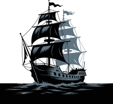 Vintage Pirate Ship Illustration, Classic Sailing Vessel on Ocean Waves vector