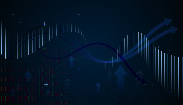 Glowing blue line chart rises steadily, symbolizing financial growth and upward market trends Vertical bars and upward arrows in varying sizes enhance the concept of progress, success. vector