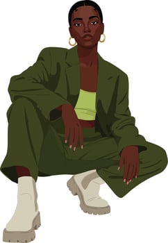 Confident young woman in olive green suit and beige boots sitting stylishly with hoop earrings on white background vector