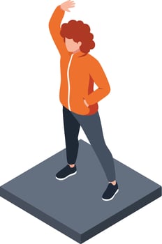 Person in orange jacket and black pants standing on gray platform with raised arm in isometric style digital illustration vector