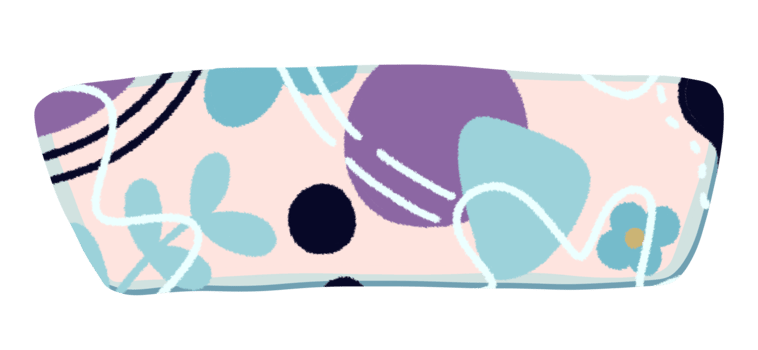 The design incorporates various organic shapes, including soft purple and blue blobs, along with delicate white and black swirling lines. png