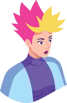 Young woman with surprised expression and bright pink and yellow spiky hair in colorful clothing digital illustration vector