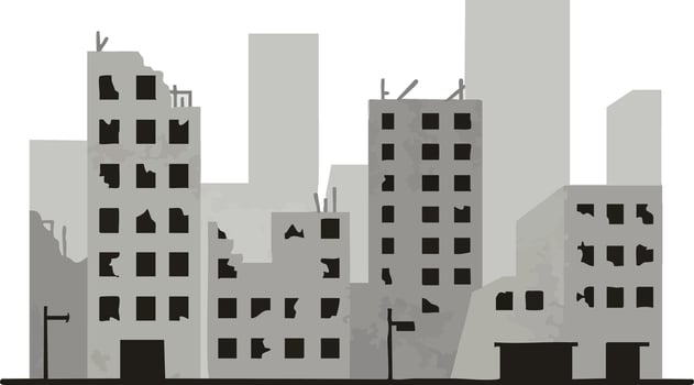 Urban abandoned buildings silhouette with broken windows and damaged structure in gray shades cityscape illustration vector