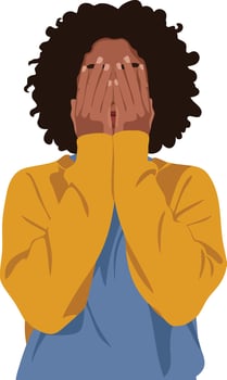 Woman covering face with hands wearing mustard yellow sweater and blue shirt isolated on white background vector