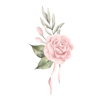 Pink dreams. Watercolor hand-drawn border with floral composition of pink rose and eucalyptus. Fairytale illustration for baby girl. Illustration for design baby shower, birthday vector