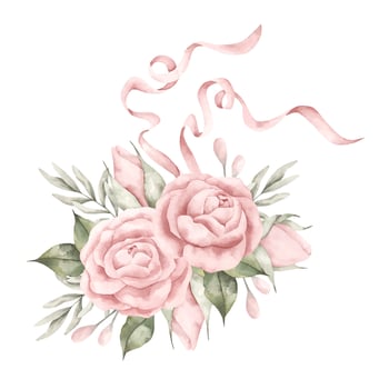 Watercolor hand-drawn frame with floral composition and ribbons. Fairytale illustration for baby girl. Template card for design baby shower, birthday vector
