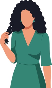 Woman with curly black hair wearing teal dress and earrings holding hair strand in hand natural style vector