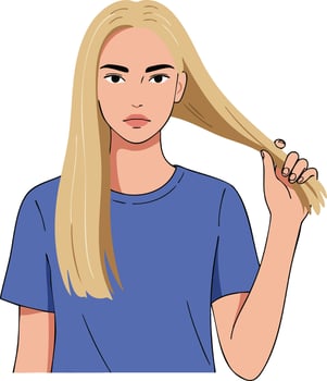 Young woman with long blonde hair holding hair strand wearing blue t-shirt casual lifestyle portrait vector