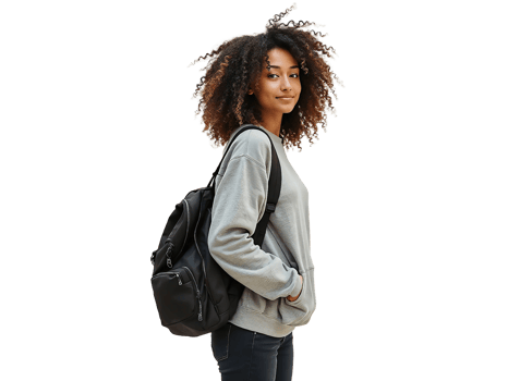 A young woman with curly hair and a backpack png
