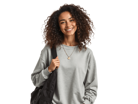 Woman in grey sweatshirt and black bag png