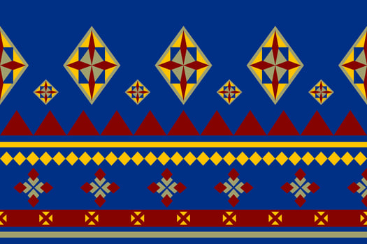 Traditional African Motif Geometric Folklore Style Pattern Border with Elaborate Design Ornament Red Yellow On Royal Blue Background. Chevron Ethnic Tribal Origin Striped Textiles Bedding Fabric Dress vector