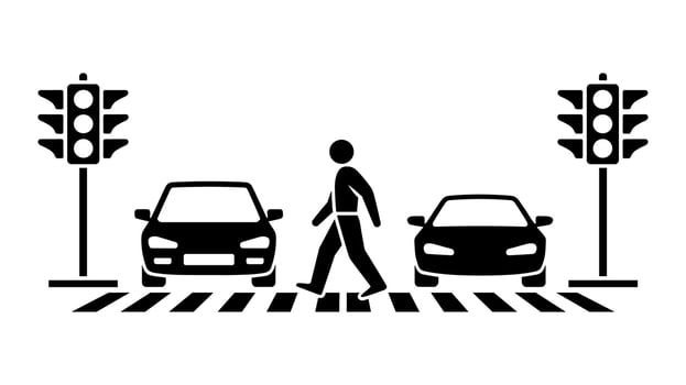 Black and white of pedestrian crossing road between cars at traffic lights vector