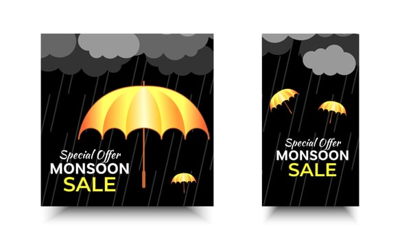 Monsoon Sale Special Offers Social Media template. Design of illustrated rain cloudy dark and golden umbrella vector