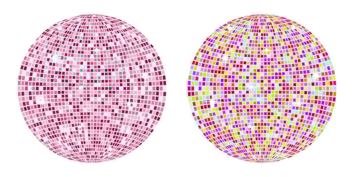 Colorful disco balls in pink and multicolor with mosaic tile texture. Trendy icons for vibrant party designs, nightclub posters, or festive digital graphics. vector