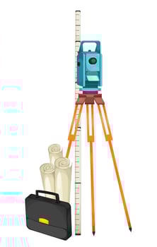 Land surveying tools including a total station on tripod, measuring rod, blueprints, and a briefcase. Illustration. vector
