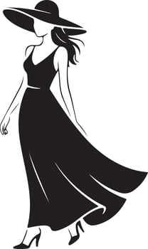 Elegant woman in black dress and wide-brimmed hat walking gracefully vector