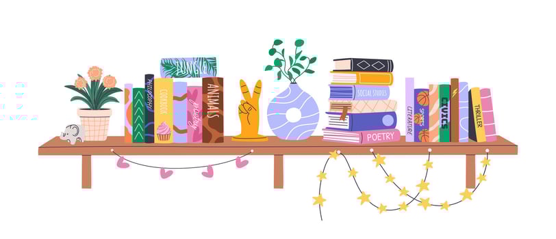 Colorful bookshelf with plants and decorations vector