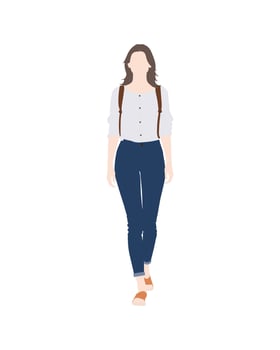 Woman walking with a backpack, wearing jeans and a shirt vector