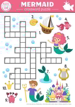 mermaid crossword puzzle for kids. Marine quiz with merman, ship, palace, fish, crab for children. Cute ocean fairytale kingdom educational cross word activity with sea princess vector